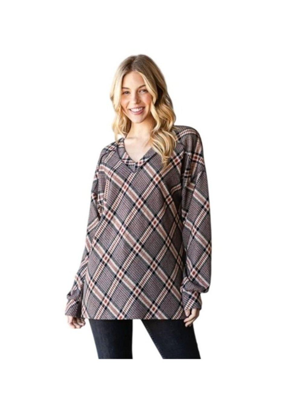 Heimish USA Plaid V Neck Long Sleeve Top Womens Size 1X Exposed Seam Shirt NEW